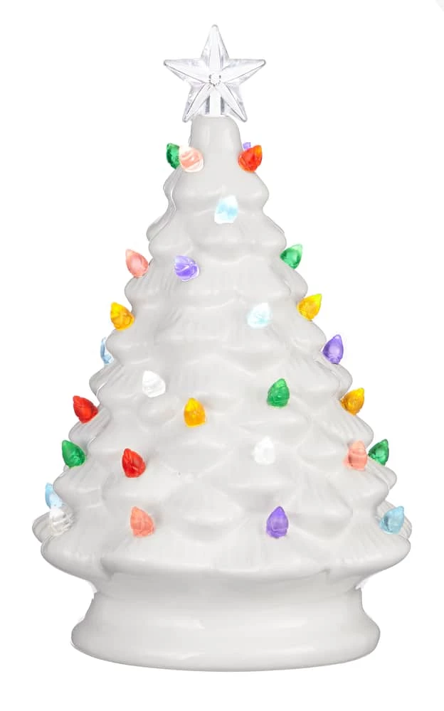 For Living Ceramic Battery Operated Christmas Decoration Tabletop Tree, White, 8-in