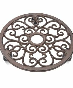 For Living Decorative Round Wrought-Iron Potted Plant Stand With Wheels, 12-in, Black